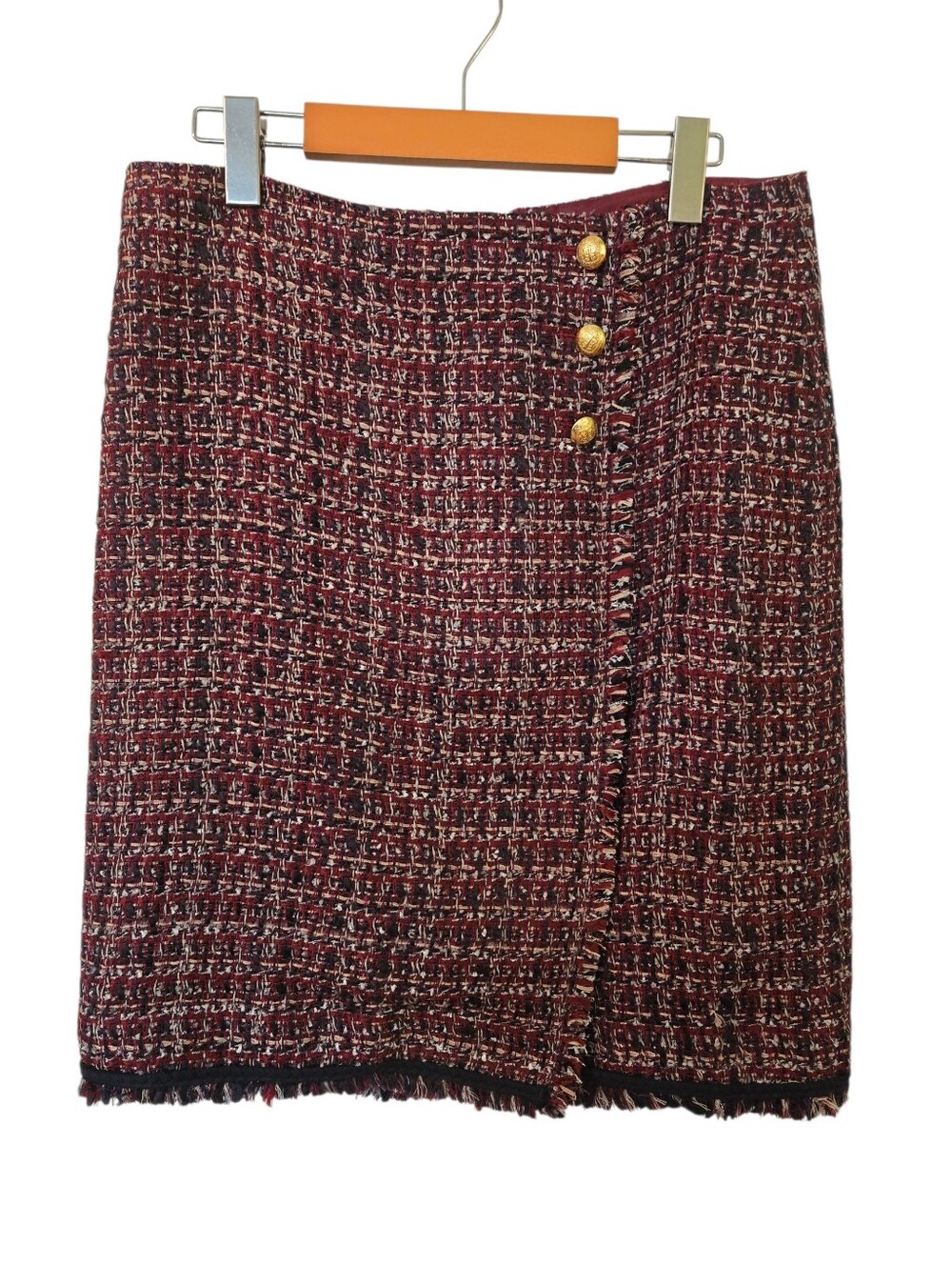 Talbots Faux Tweed Mini Burgundy And Cream Fringe Skirt Size 8 P